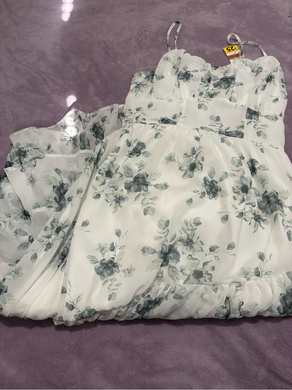 White Floral Spaghetti Strap Dress - Grey Green Print